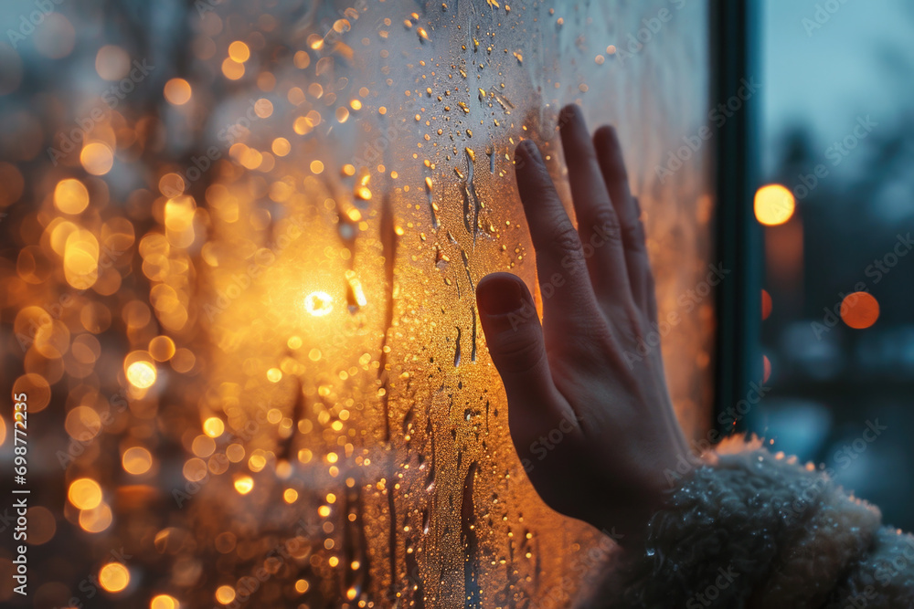 A person holding their hand out of a window covered in rain. Suitable for illustrating concepts of longing, connection, and hope in challenging times - obrazy, fototapety, plakaty 