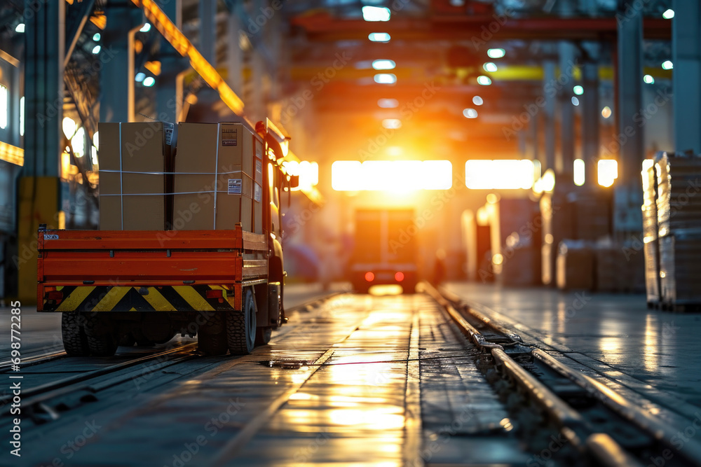A train is seen traveling down a train track next to a loading platform. This image can be used to depict transportation, logistics, or industrial themes
