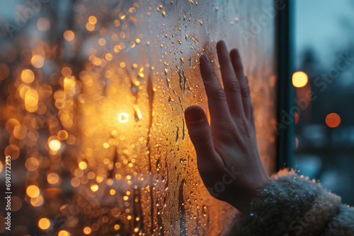 A person holding their hand out of a window covered in rain. Suitable for illustrating concepts of longing, connection, and hope in challenging times © Fotograf