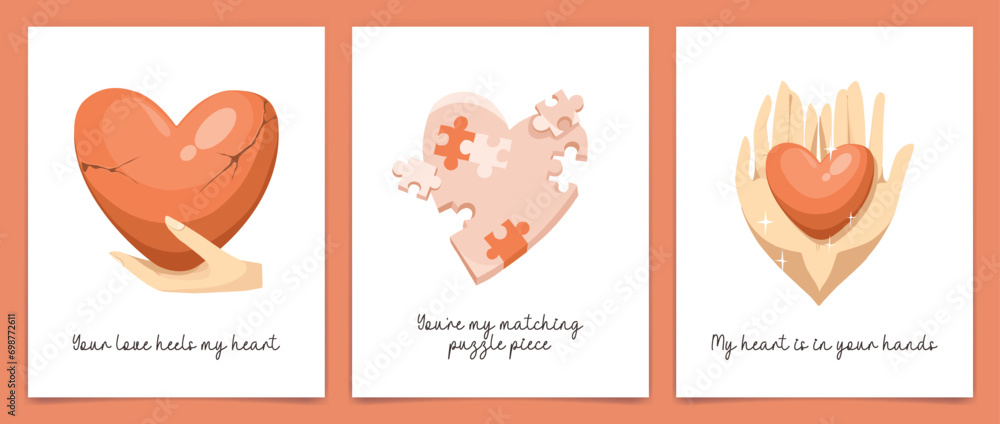 Set of cards with heart, hands for Valentines day