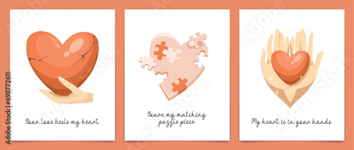 Set of cards with heart, hands for Valentines day