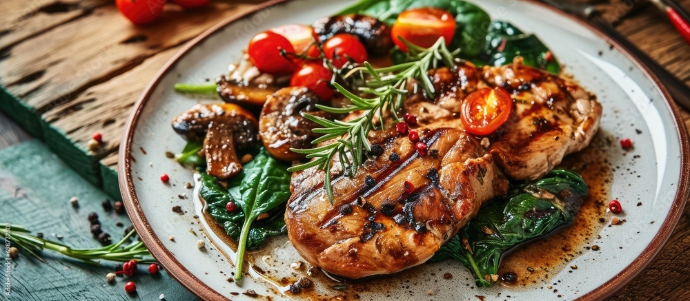 Grilled pork with rosemary, cherry tomato, red peppercorns, mushroom sauce, spinach, on a round plate, on a wooden table, vertically. Grilled pork with rosemary, cherry tomato, red peppercorns, mushroom sauce, spinach, on a round plate, on a wooden table, vertically.