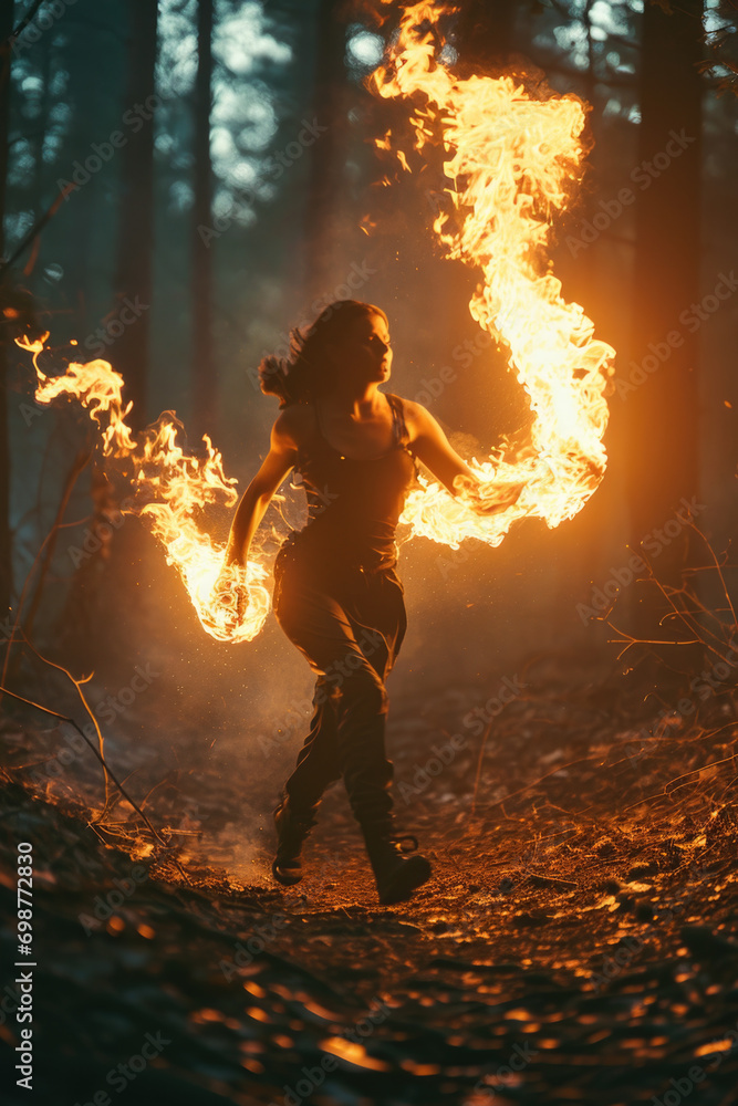 A woman holding a fire ring. Can be used for concepts related to power, control, magic, or danger
