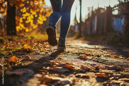 A person is walking down a road covered in fallen leaves. This image can be used to depict autumn, nature walks, or peaceful outdoor scenes #698772825