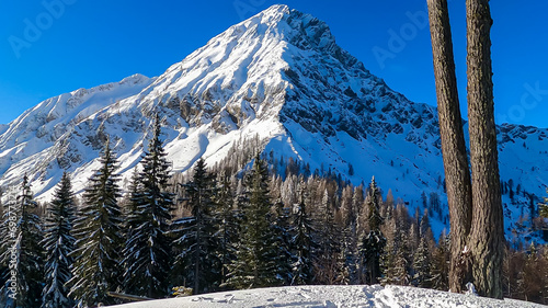 Scenic view of frozen summit cross Ferlacher Spitze in Karawanks, Carinthia, Austria. Clear blue sky in winter wonderland in remote Austrian Alps. Looking at snow capped mountain Mittagskogel (Kepa) photo