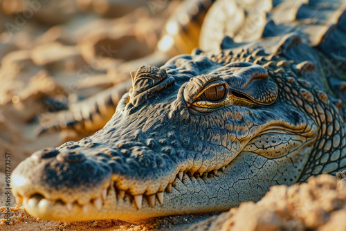 A detailed close-up of an alligator s head resting on the sand. Perfect for nature and wildlife enthusiasts.