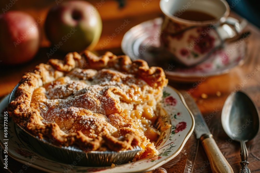 A delicious pie sitting on a plate next to a cup of tea. Perfect for food and beverage related projects A delicious pie sitting on a plate next to a cup of tea. Perfect for food and beverage related projects