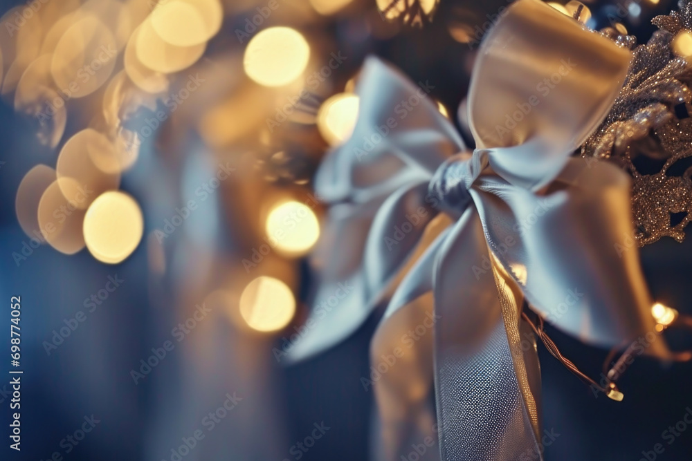 A close-up view of a bow with vibrant lights in the background. Perfect for adding a festive touch to any project or decoration
