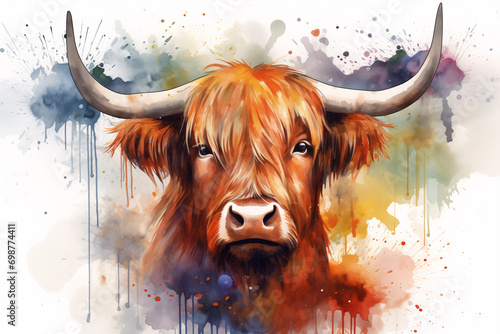 Urban art design. Illustration of a highland cow. Creativity in graffiti style painted on walls. photo