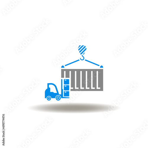 Vector illustration of container unloading or loading with forklift. Symbol of shipping, freight. Icon of SCM Supply Chain Management.