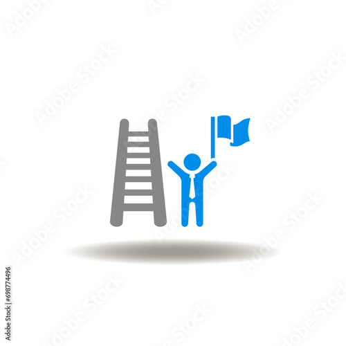 Vector illustration of stairs and businessman with winner flag. Icon of onboarding. Symbol of welcome onboard.