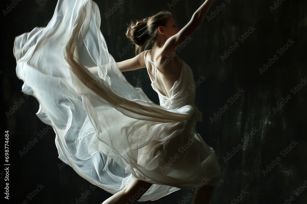 Fototapeta premium A woman in a white dress gracefully dancing. Perfect for dance-related projects and events