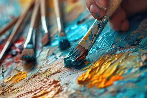 A close up view of a person holding a paint brush. This versatile image can be used in various creative projects