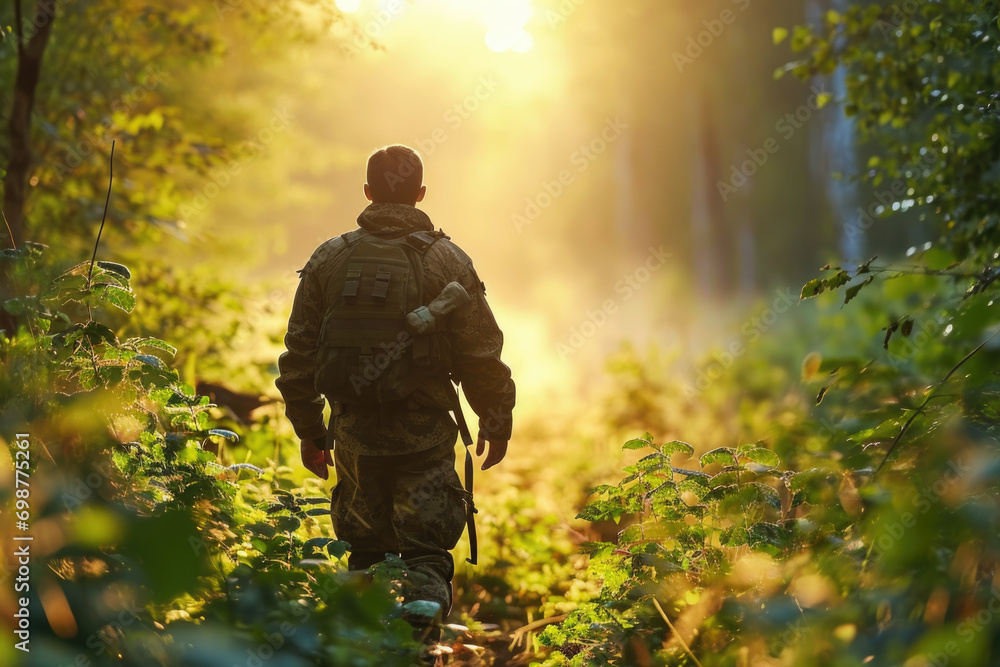 A man dressed in camouflage walking through a forest. Suitable for outdoor adventure or military-themed projects