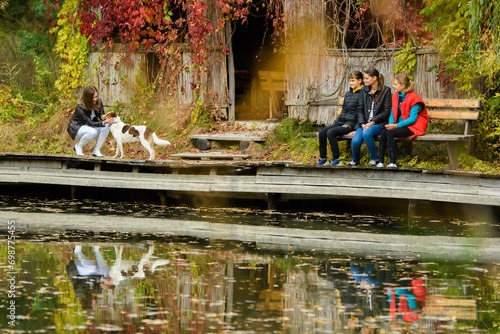 A young beautiful girl strokes a dog by the lake in an autumn park, a girl and two teenage girls are sitting next to her on a bench.