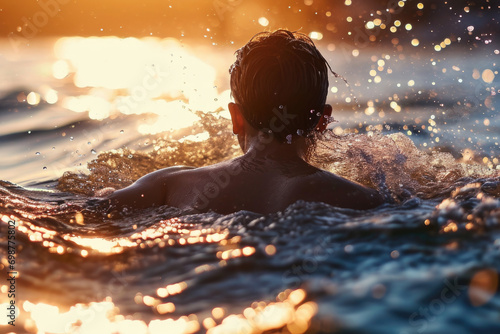 A person is captured swimming in the ocean during a beautiful sunset. This image can be used to depict relaxation, vacation, or the joy of being in nature