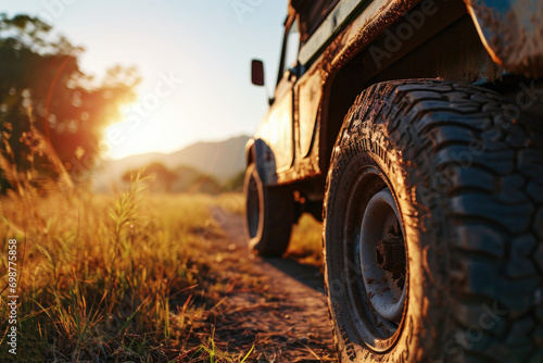 A parked jeep on a dirt road. Suitable for outdoor adventure and off-roading themes