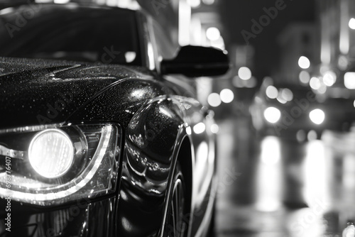 A black and white photo of a car in the rain. Perfect for automotive, weather, or transportation related projects