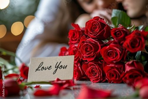 Note Love You in a romantic atmosphere with roses. Background with selective focus and copy space photo