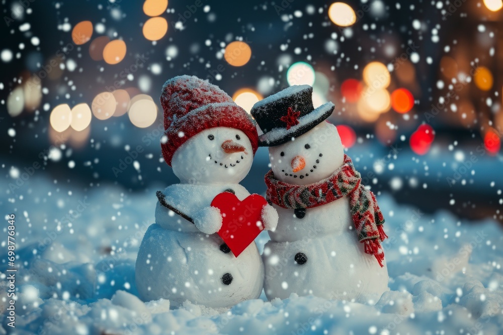 Two snowmen in love. Background with selective focus and copy space