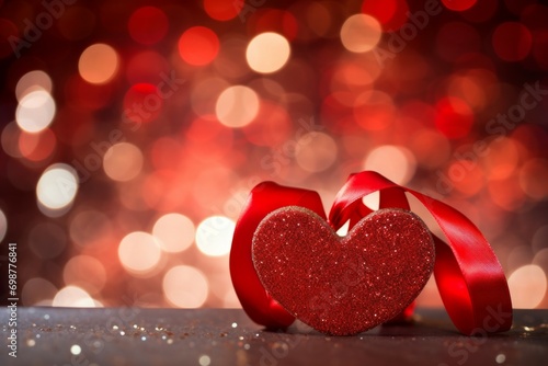 Heart with sparkles and red ribbon. Background with selective focus and copy space