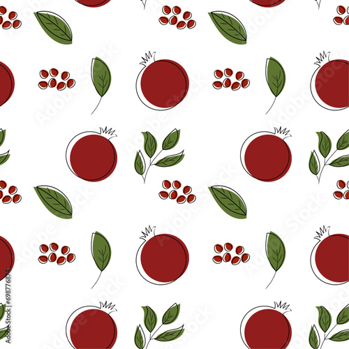 Seamless pattern with pomegranate, leaves, seeds on white background. Vector illustration, flat style. 
