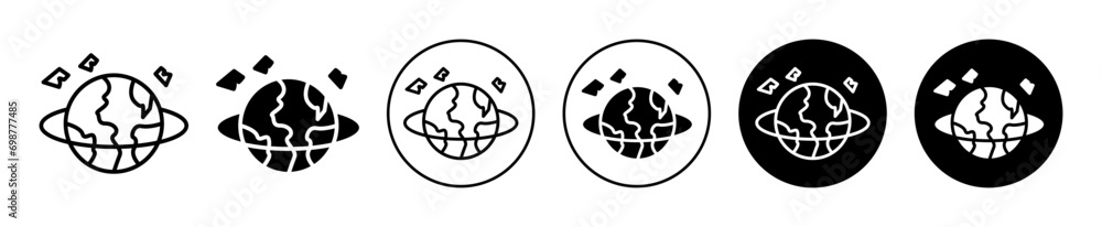 Space junk icon. outer earth planet garbage or debris trash pollution. shooting rock or dump plastic waste around earth globe symbol. space junk waste vector set logo Space junk icon. outer earth planet garbage or debris trash pollution. shooting rock or dump plastic waste around earth globe symbol. space junk waste vector set logo