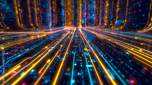 Abstract technology background similar to motherboard with golden lights and dots. Data transfer concept