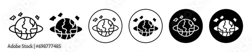 Space junk icon. outer earth planet garbage or debris trash pollution. shooting rock or dump plastic waste around earth globe symbol. space junk waste vector set logo