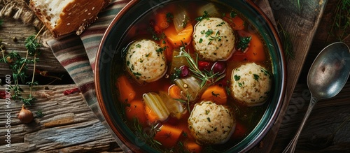 Homemade Jewish soup with tasty matzo balls and vegetables. photo