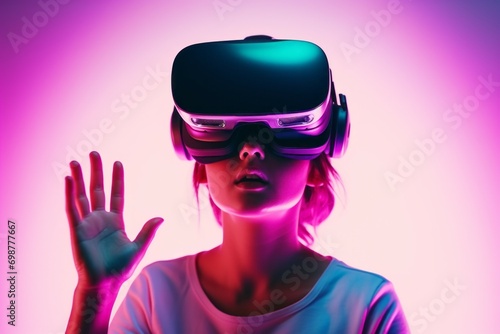 Woman wearing virtual reality glasses in neon light. Portrait with selective focus and copy space for inscription
