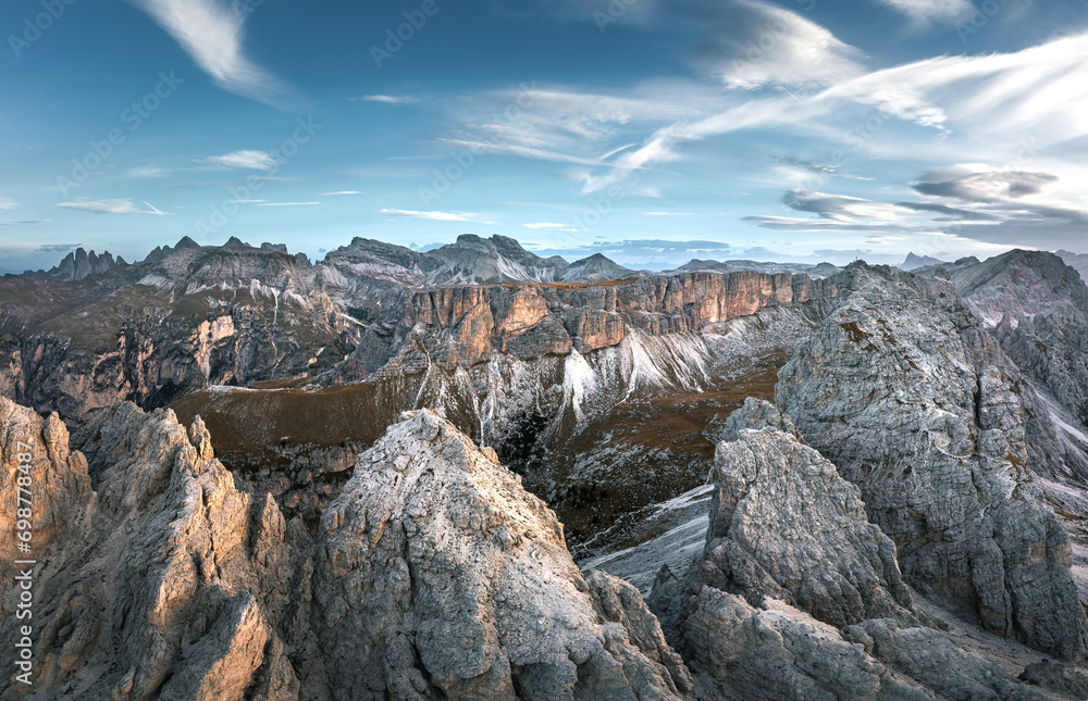 Stunning Italian Dolomites in vibrant colors. Picturesque Alpine mountain range at summer time.