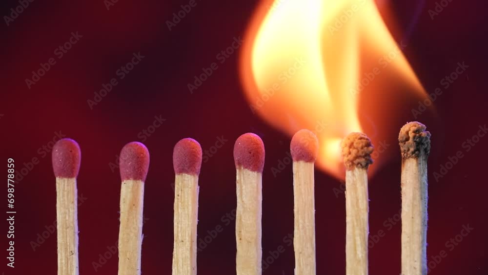 A row of matches where one flares up and passes its fire to the next. Cascade of flame, transfer of energy. Macro shot of the transition of flame from one match to another. A row of matches where one flares up and passes its fire to the next. Cascade of flame, transfer of energy. Macro shot of the transition of flame from one match to another.
