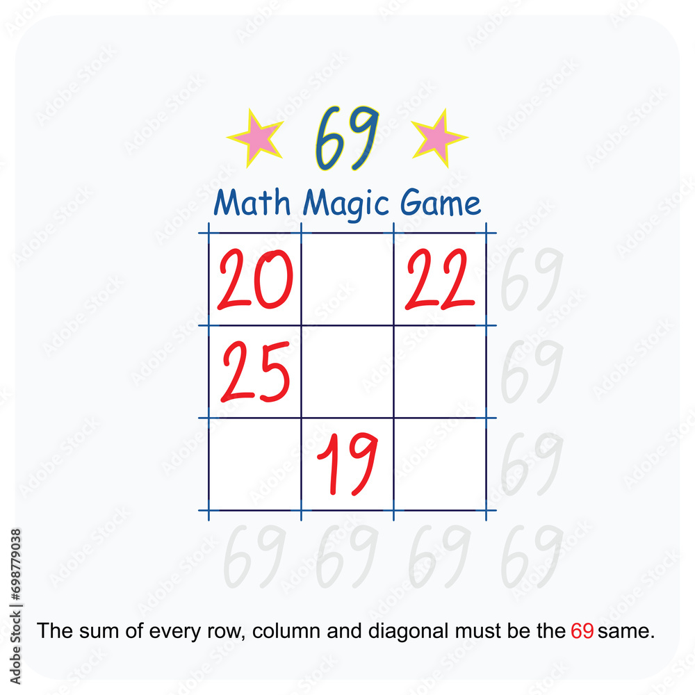 Magic math game. (Magic square) Recreational mathematics and educational series vector illustration. Magic math game. (Magic square) Recreational mathematics and educational series vector illustration.