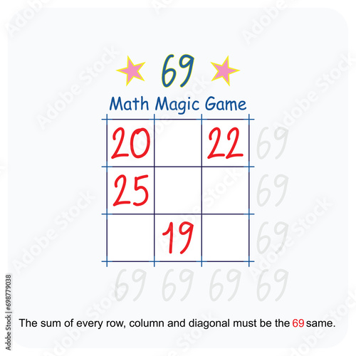 Magic math game. (Magic square)  Recreational mathematics and educational series vector illustration.