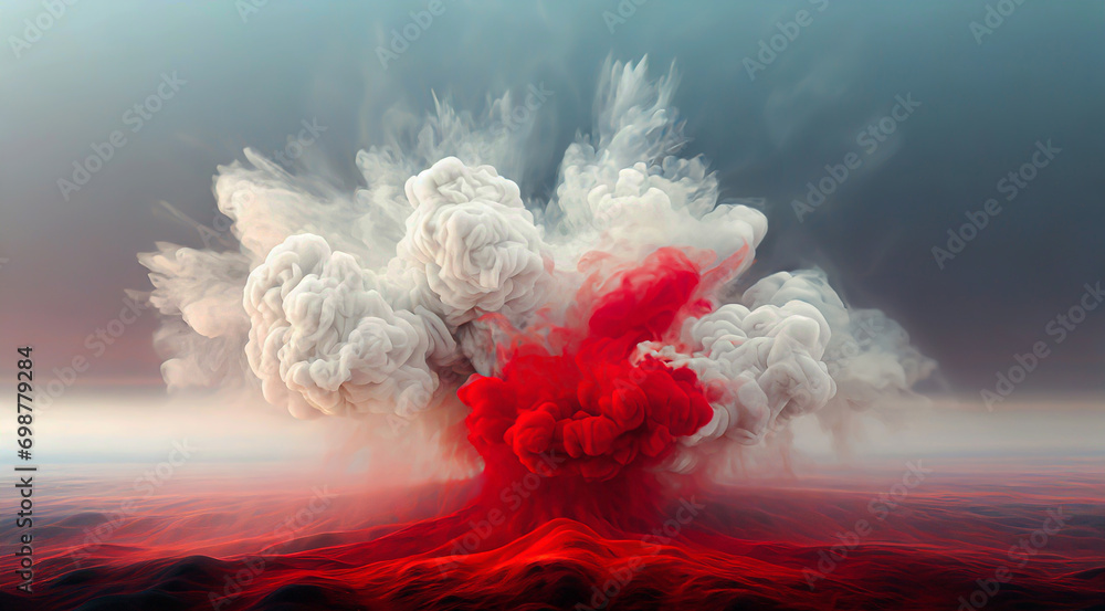 Biały i czerwony dym eksplozja. Generative AI - obrazy, fototapety, plakaty 