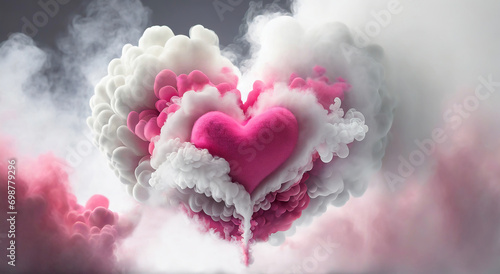 Różowe i białe chmury tworzą serce, abstrakcja na Walentynki. Generative AI photo