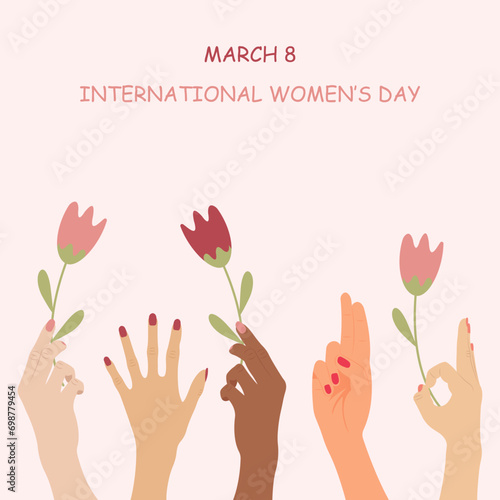 Hands with tulips.Banner for International Women's Day. Hands of women of different nationalities holding flowers.Vector illustration.
