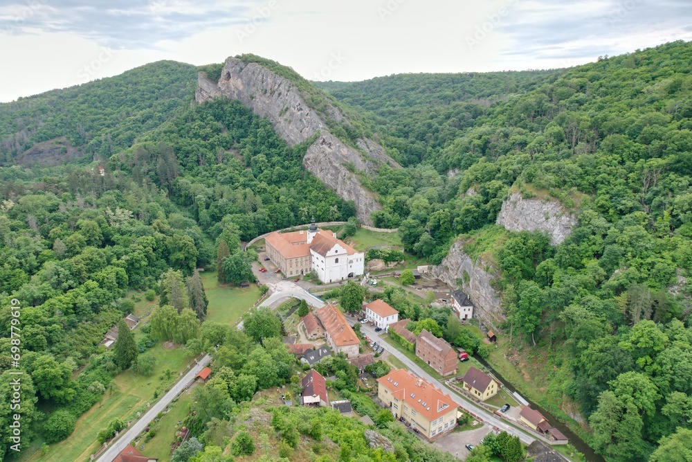 Aerial view of Svaty Jan pod Skalou monastery and village,Bohemia, Czech Republic,Europe