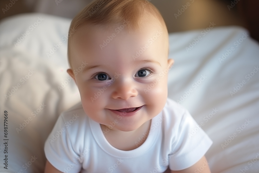 Close up portrait of cute brown eyed smiling infant baby looking into the camera