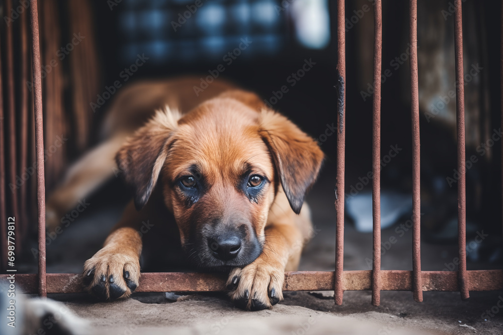 Stray homeless dog in animal shelter cage. Sad abandoned hungry dog ...