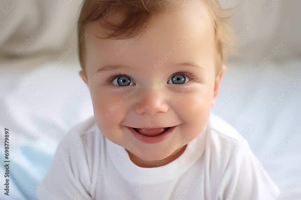 Close up portrait of cute blue eyed smiling infant baby looking into the camera Close up portrait of cute blue eyed smiling infant baby looking into the camera