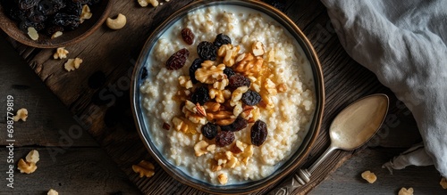 Top-down horizontal view of a bowl containing rice pudding, nuts, and raisins. Tasty. photo