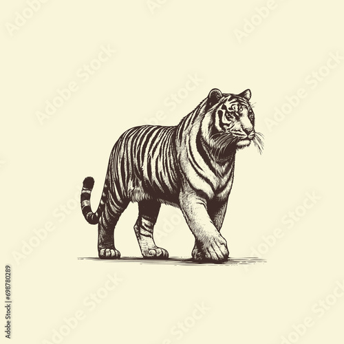 Hand-drawn Illustration of a Tiger walking forward