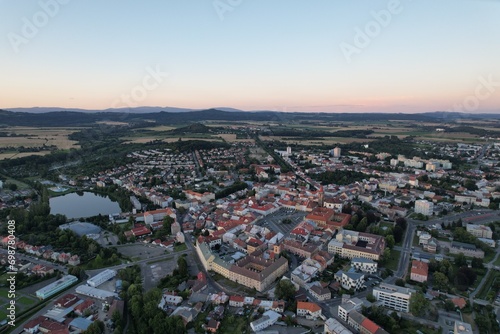 defaultJicin and its historical city center buildings and town tower of fortification walls system and cathedral aerial panorama landscape view,Bohemia,Czech republic photo