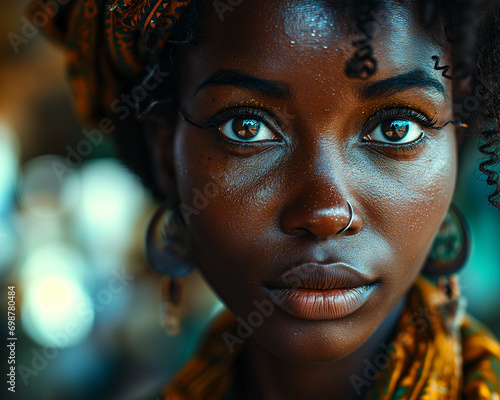 Emotional portrait of African woman with deep-set eyes. African-American person; African female beauty model with intense gaze. Looking at camera. 