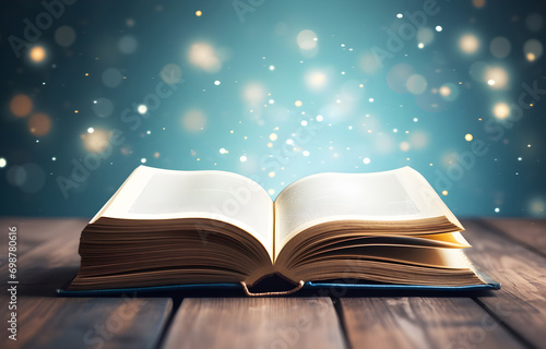 Open book with magic light and glowing letters flying out of it on wooden table against light blue bokeh background
