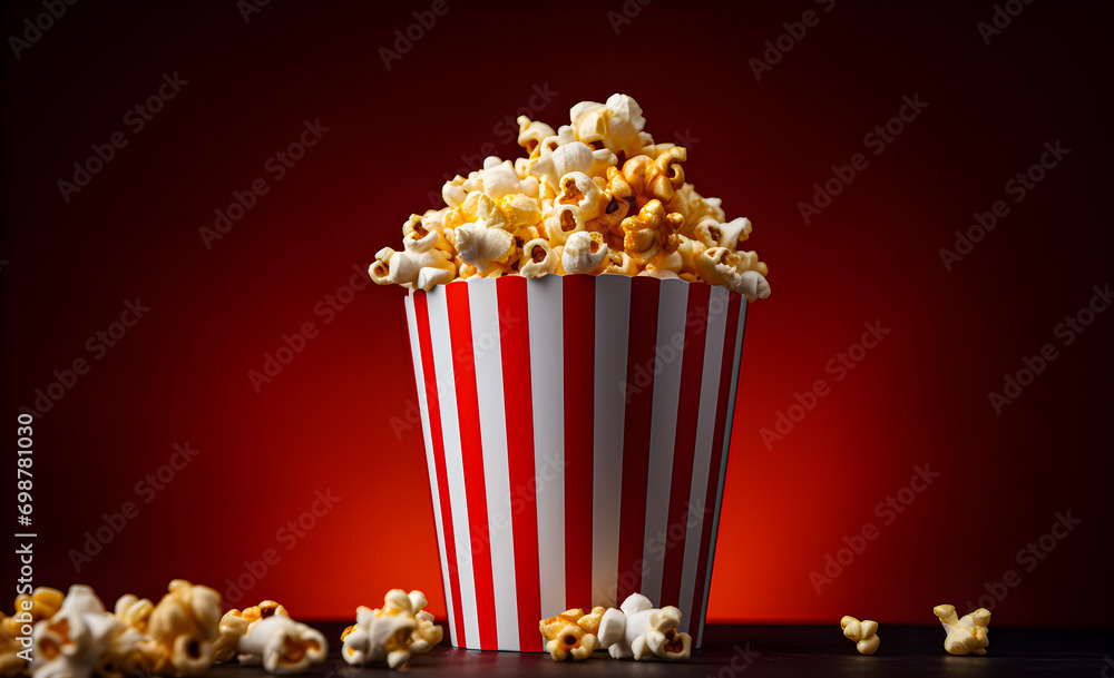 A bucket of popcorn on a red background.
