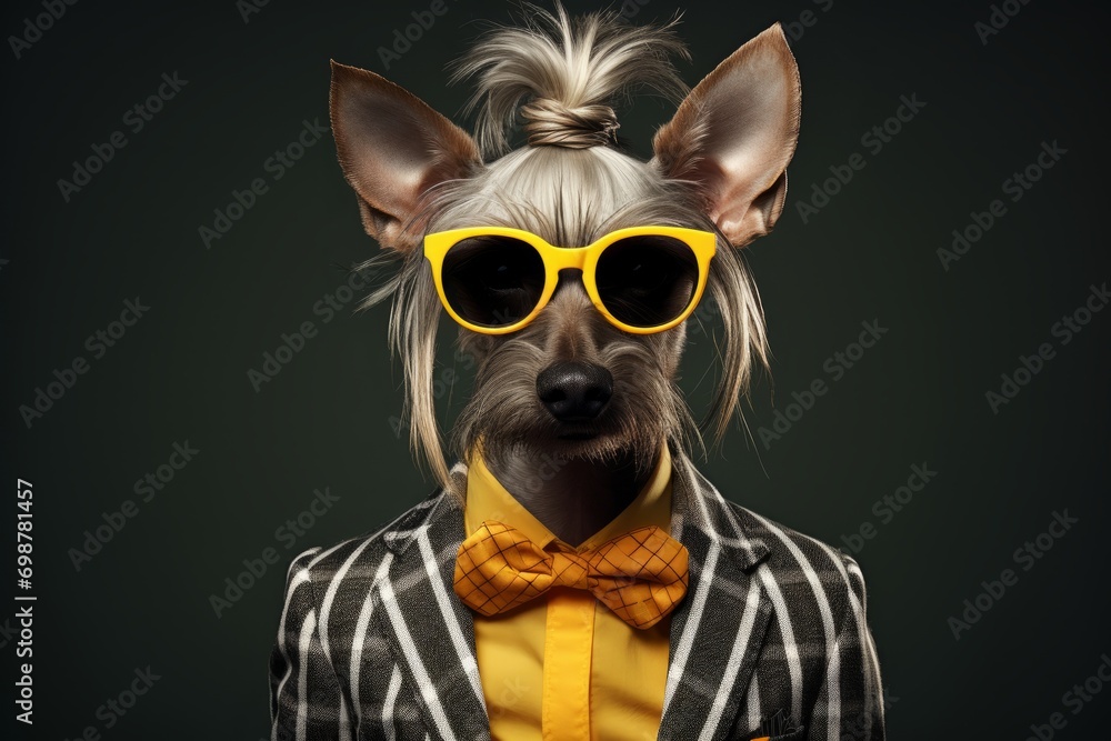 Portrait of a dog with a fashionable haircut wears sunglasses, stripped jacket and yellow shirt Portrait of a dog with a fashionable haircut wears sunglasses, stripped jacket and yellow shirt