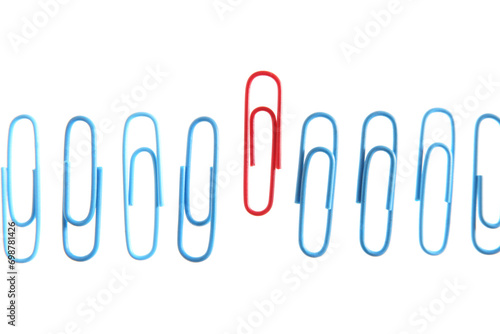 Row of blue paperclips with one unique red one standing out from the others
